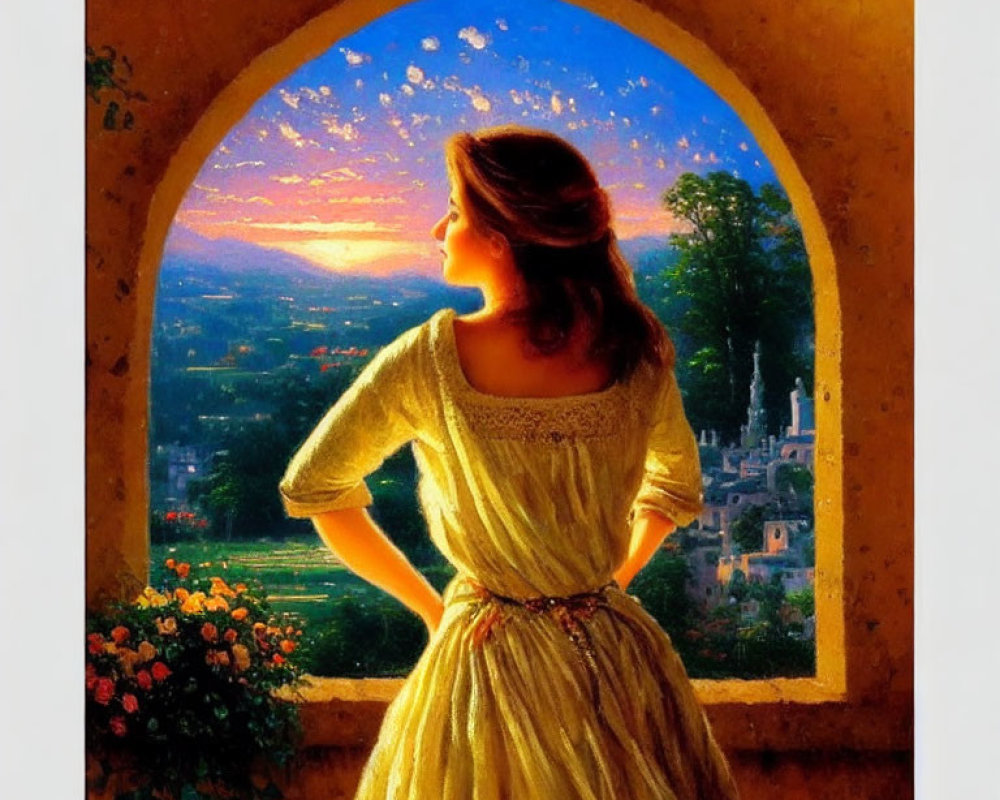 Woman in Yellow Dress Observing Sunset from Arched Window