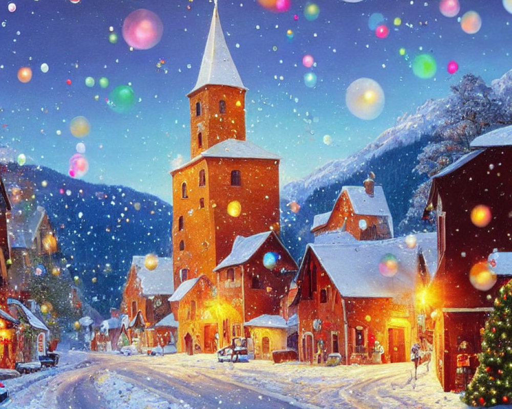 Winter village scene: snowfall, Christmas lights, church at dusk