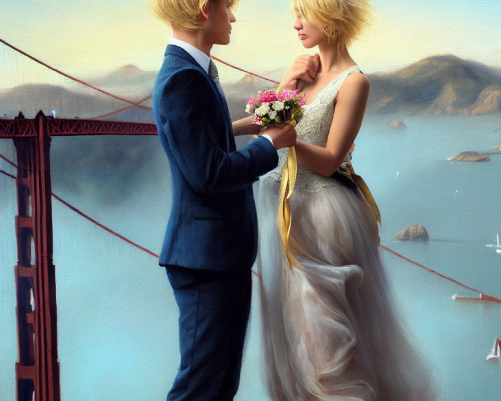 Formal couple near Golden Gate Bridge with bouquet gaze tenderly.