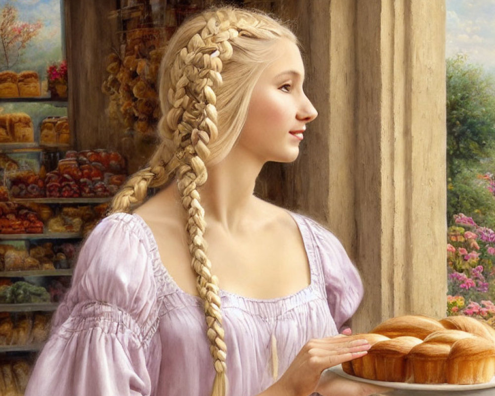 Woman in lavender dress with braided hair holds tray by window with pastries shelves