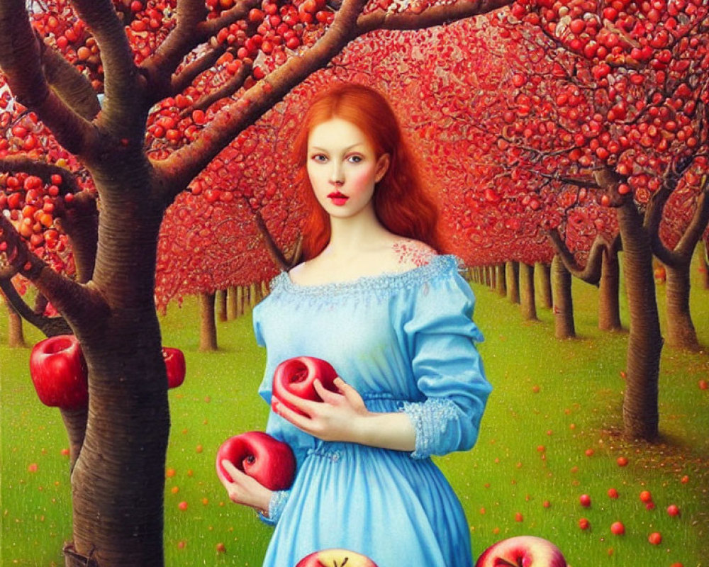 Woman in Blue Dress Standing in Apple Orchard with Scattered Apples