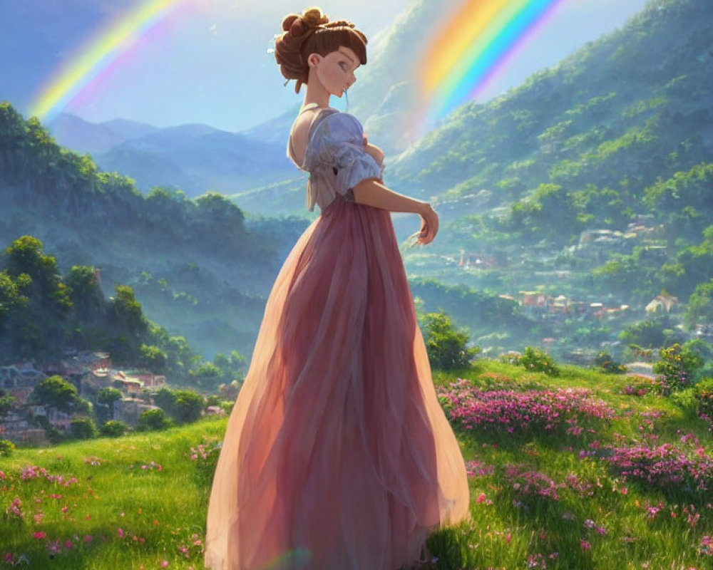 Animated character in pink dress admires double rainbow over flower meadow