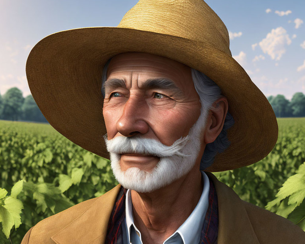 Elderly man with mustache in straw hat and brown jacket in 3D rendering
