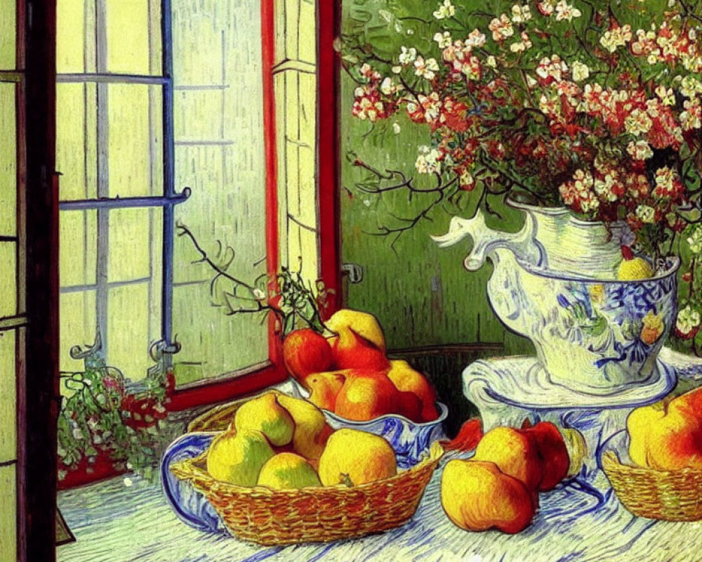 Colorful still life painting: yellow fruit baskets, white pitcher, blue cloth, and window view.