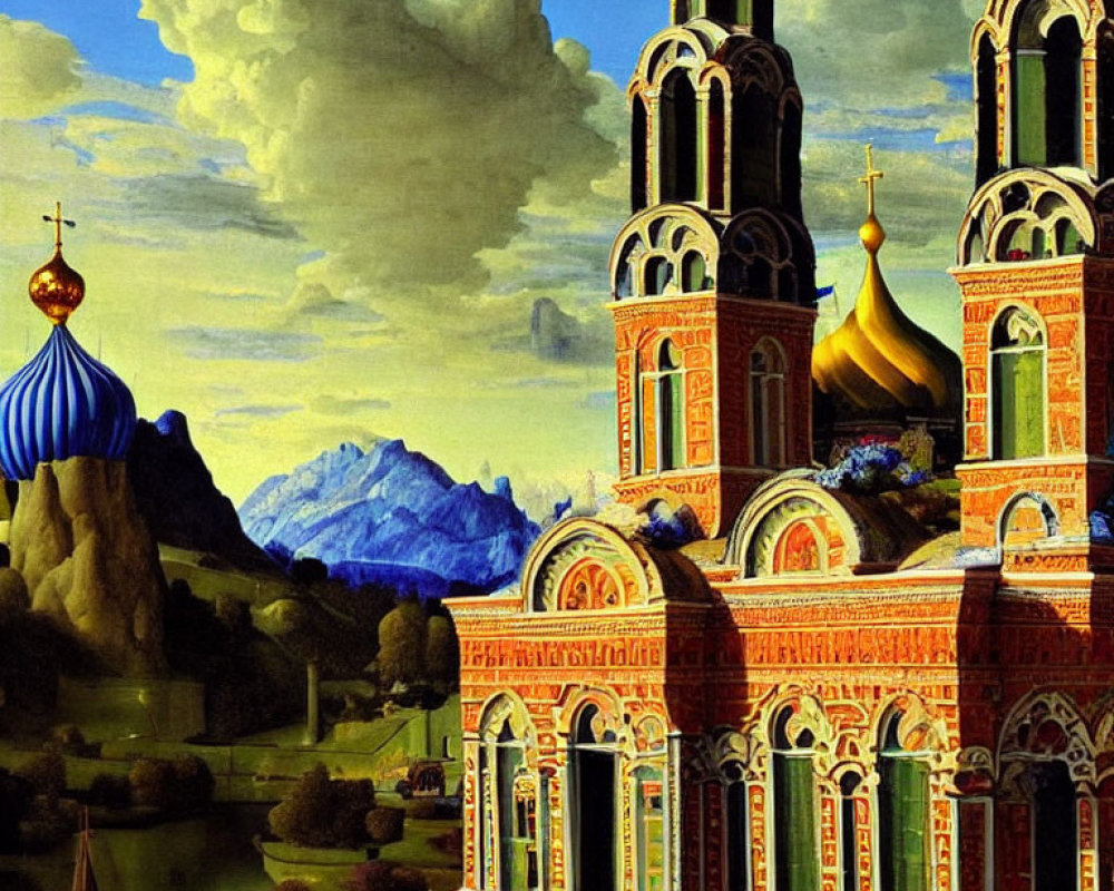 Russian-style architecture painting with ornate towers, blue sky, fluffy clouds, and distant mountains.