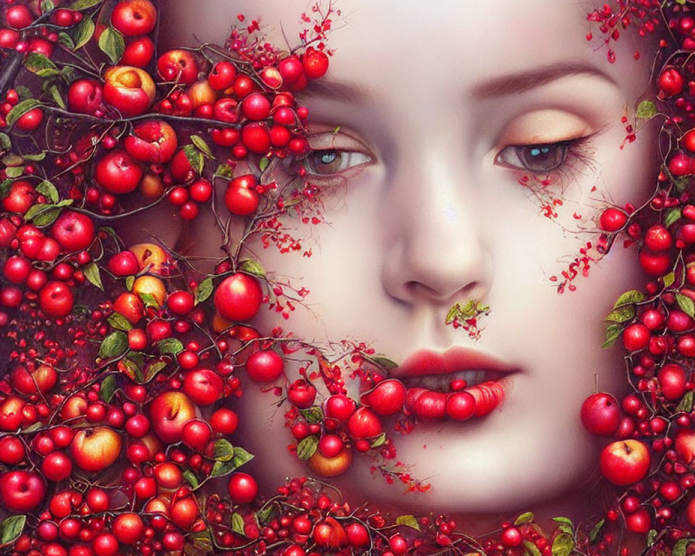Digital artwork: Woman surrounded by red berry vines, blending with rosy cheeks and full lips.