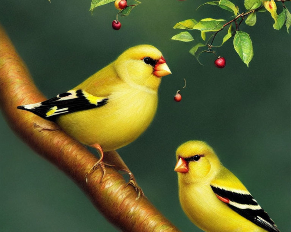 Vibrant yellow finches on branch with green leaves and red fruit