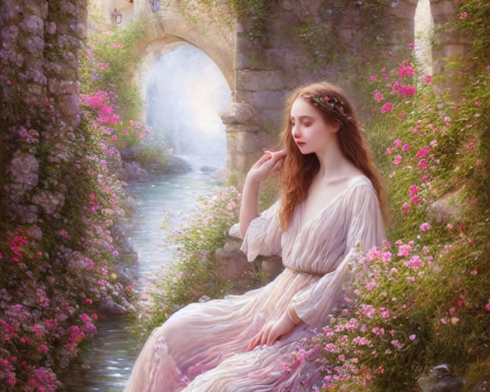 Woman in flowing dress by stone bridge in serene setting