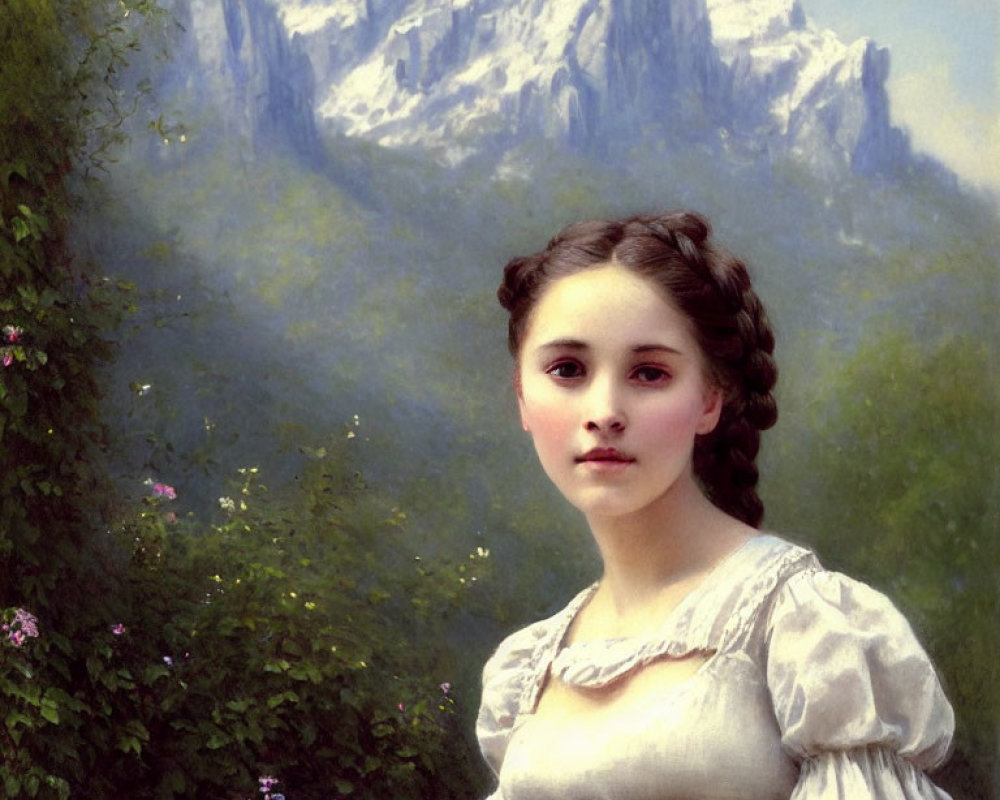 Braided Hair Woman in White Dress with Mountain Background