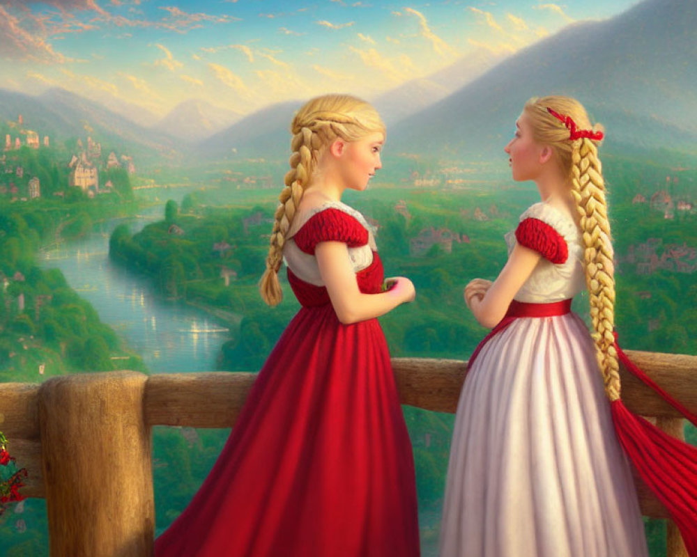 Animated girls in traditional dresses with braided hair on balcony overlooking village, river, mountains