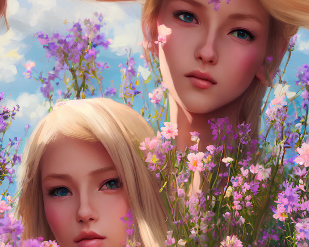 Stylized female figures with blonde hair among wildflowers under blue sky