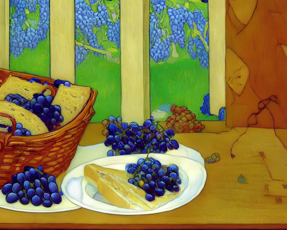 Colorful Still-Life Digital Painting of Grapes, Cheese, and Vines