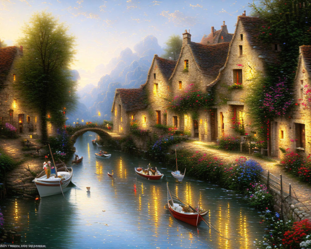 Tranquil village scene with stone cottages, colorful flowers, and rowing boats at dusk