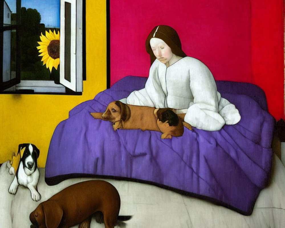 Woman in white pajamas on purple bed with three dogs and sunflower in background