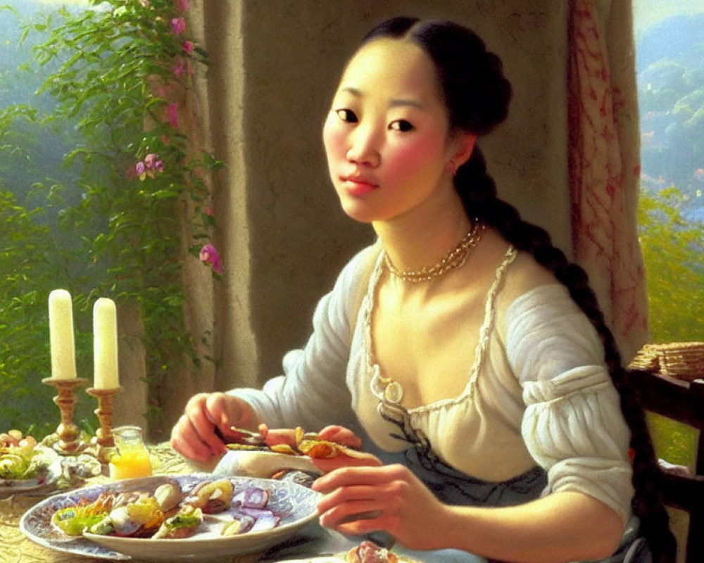 Historical woman at table with food and candles in serene setting
