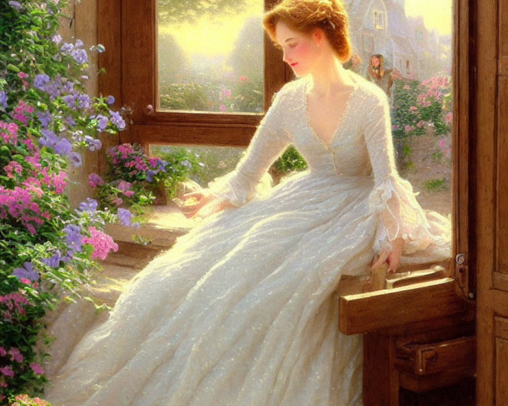 Woman in white gown by open window with flowers and distant building.