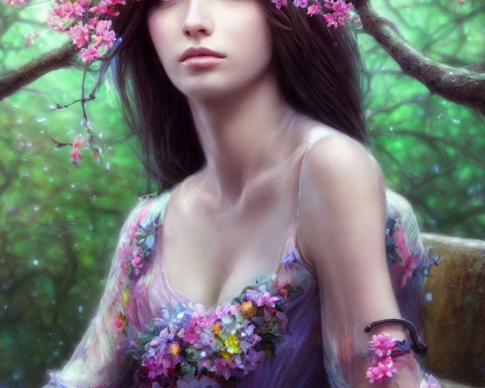 Digital illustration: Young woman with dark hair in floral dress among pink blossoms