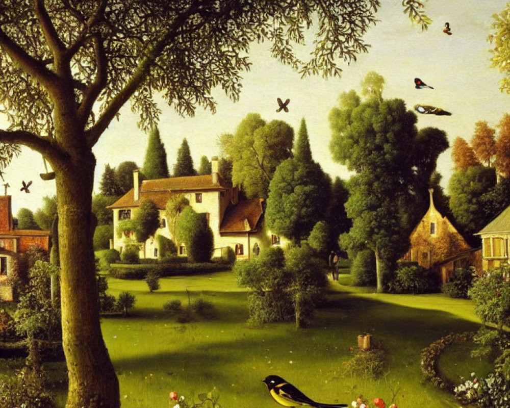 Tranquil pastoral painting of lush countryside with traditional houses, trees, path, and birds.