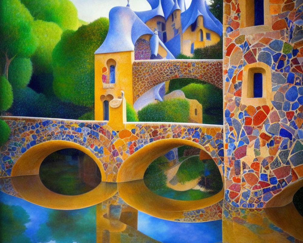 Colorful Fantasy Castle Painting with Blue Spires and Stone Bridge