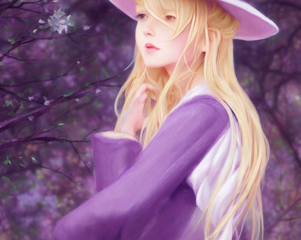 Blonde Girl in Purple Hat Surrounded by Blossoming Flowers