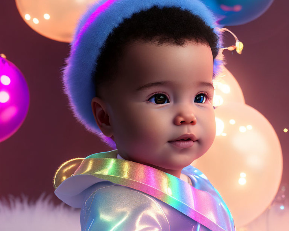 Baby with Blue Halo Headband and Rainbow Jacket Surrounded by Glowing Balloons