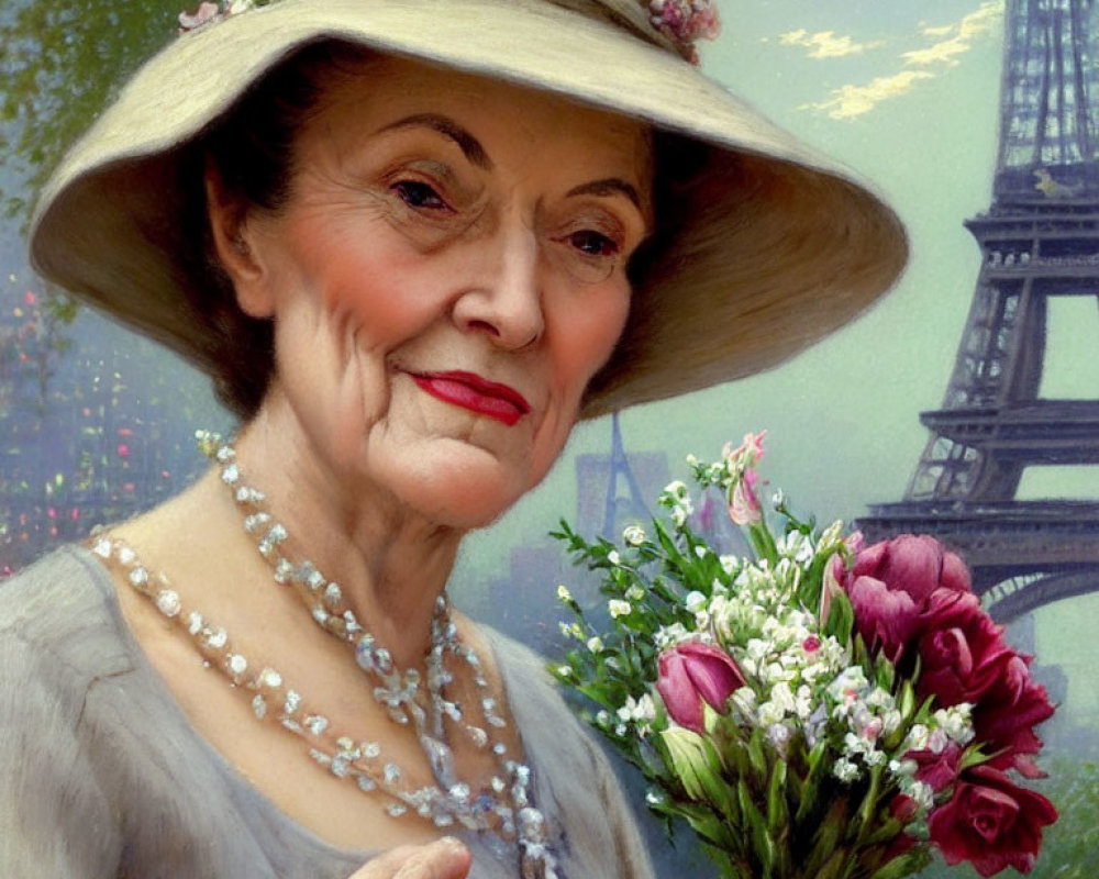 Stylish elderly woman in wide-brimmed hat with flowers and pearl necklace, holding bouquet,