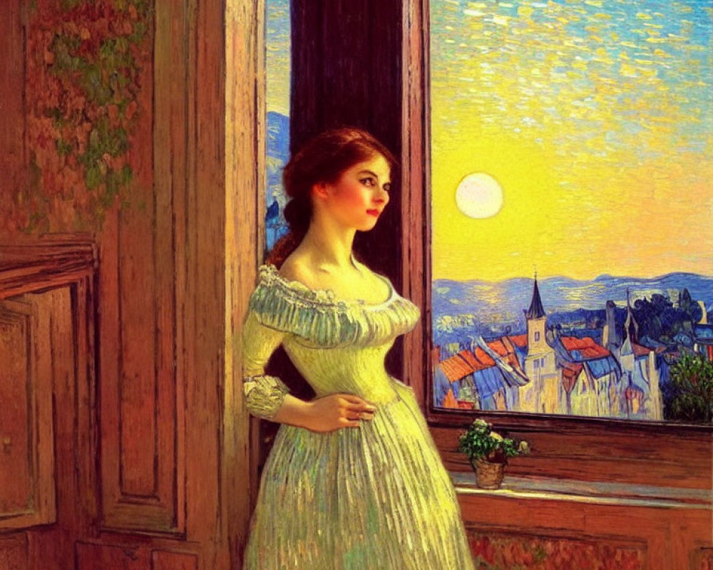 Woman in Yellow Dress Gazes at Sunlit Village and Starry Sky