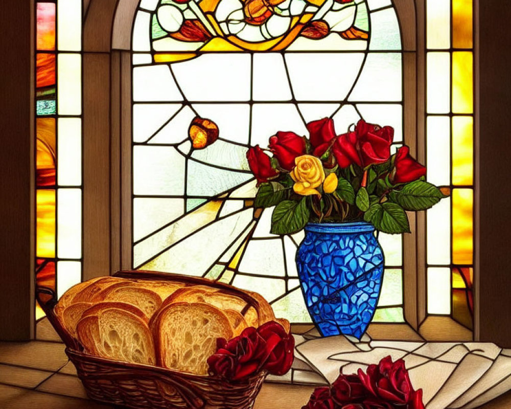 Floral Stained Glass Window, Bread in Basket, Red Roses in Blue Vase