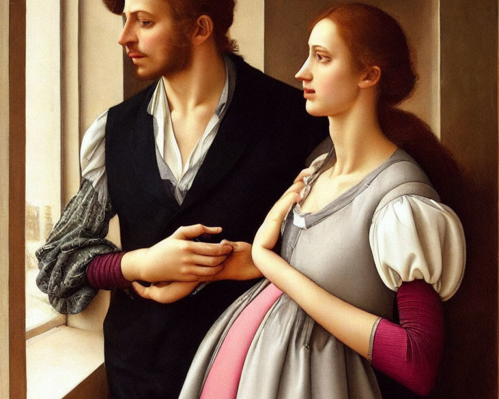 Renaissance-era couple painting in period attire