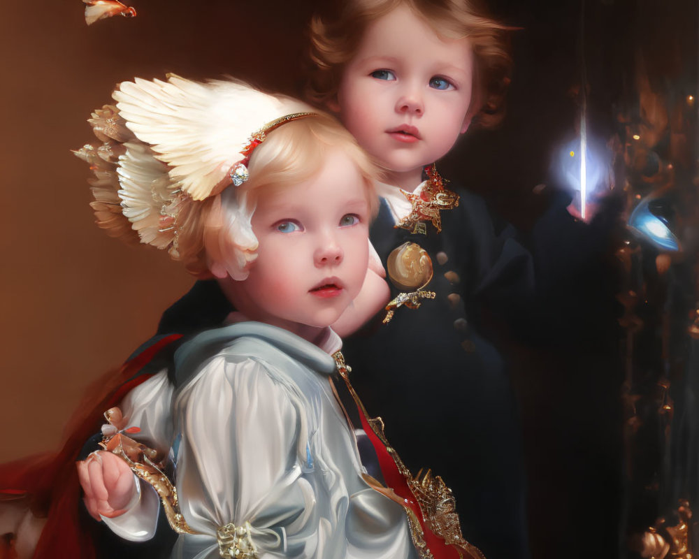 Historically dressed children with glowing orb in ornate setting