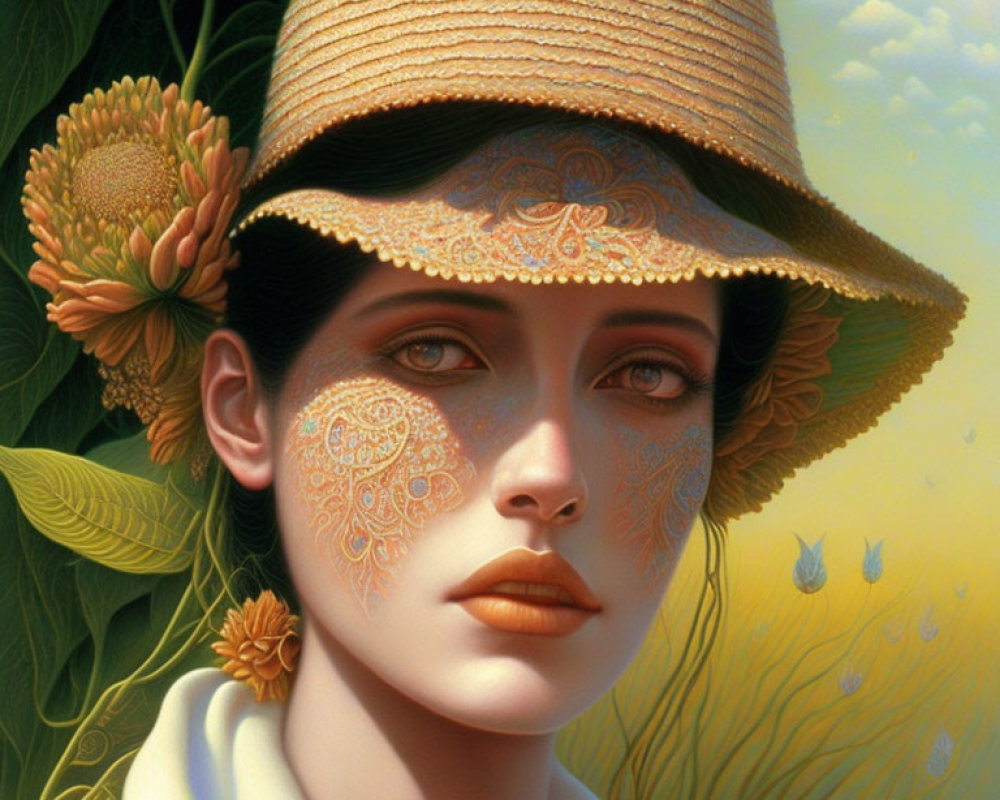 Detailed Portrait of Woman with Golden Facial Patterns and Straw Hat in Nature Setting