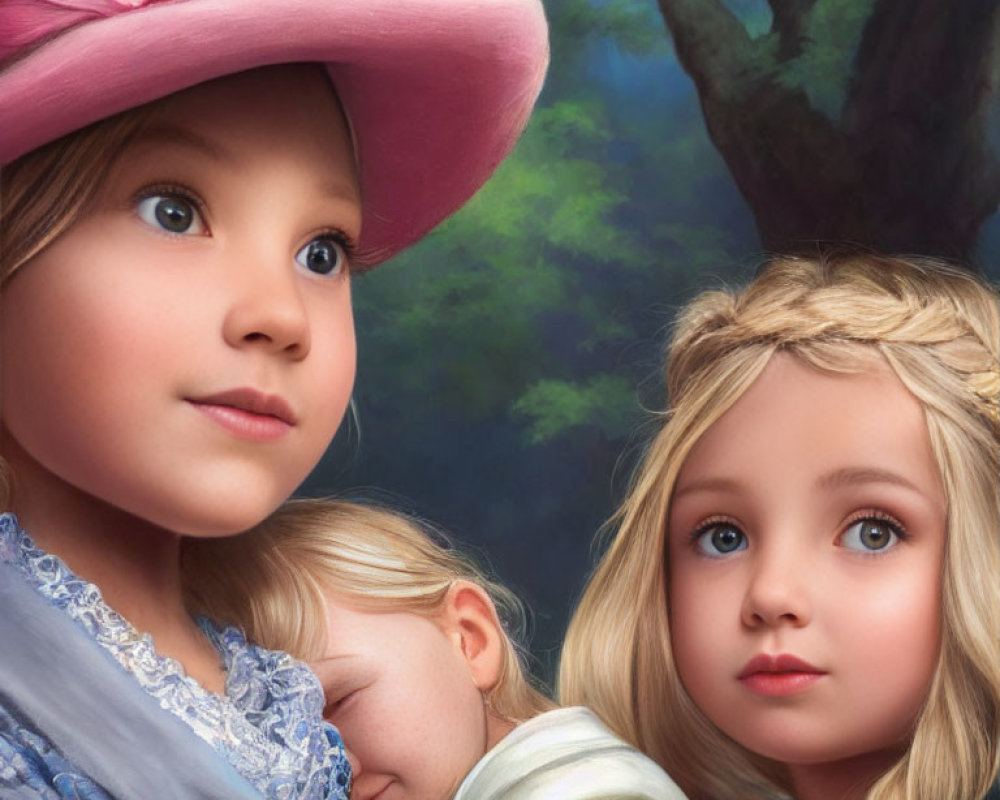 Three animated girls with lifelike features: two blondes, one with a pink hat, and