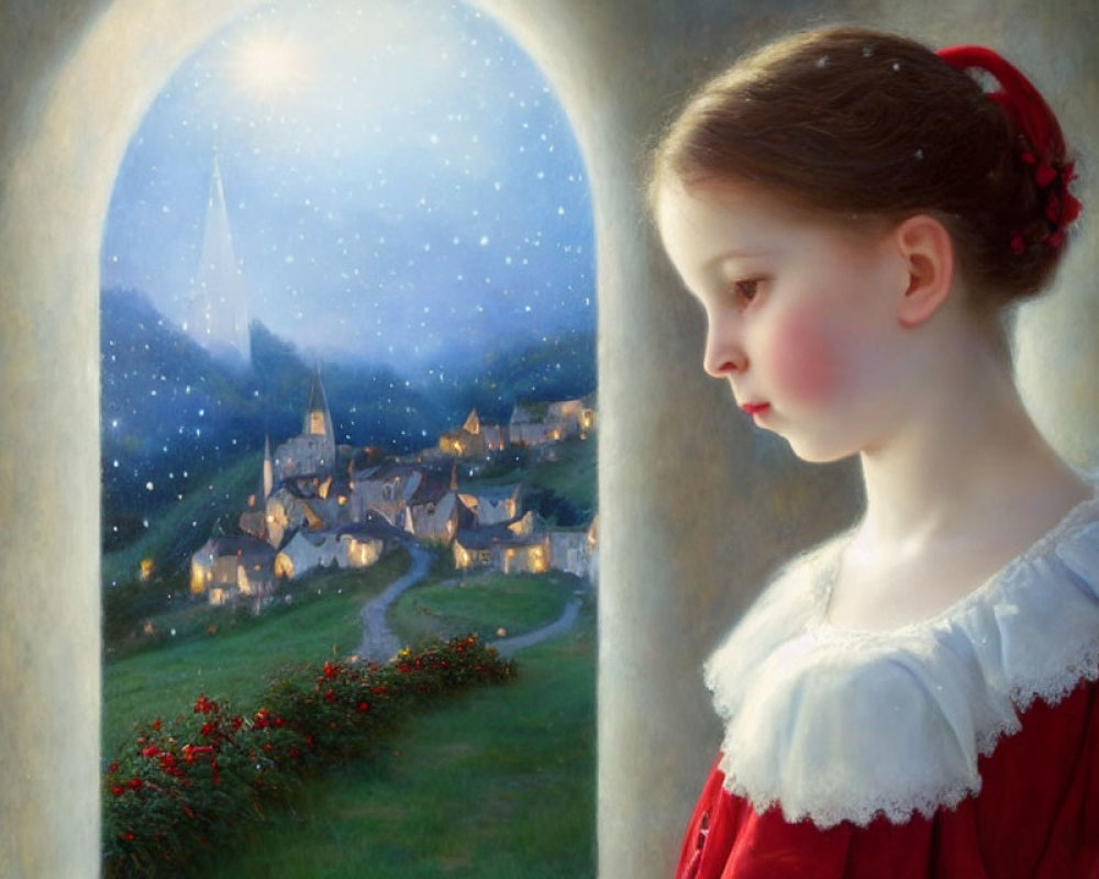 Young girl in red and white dress looking out window at twilight village with shooting star
