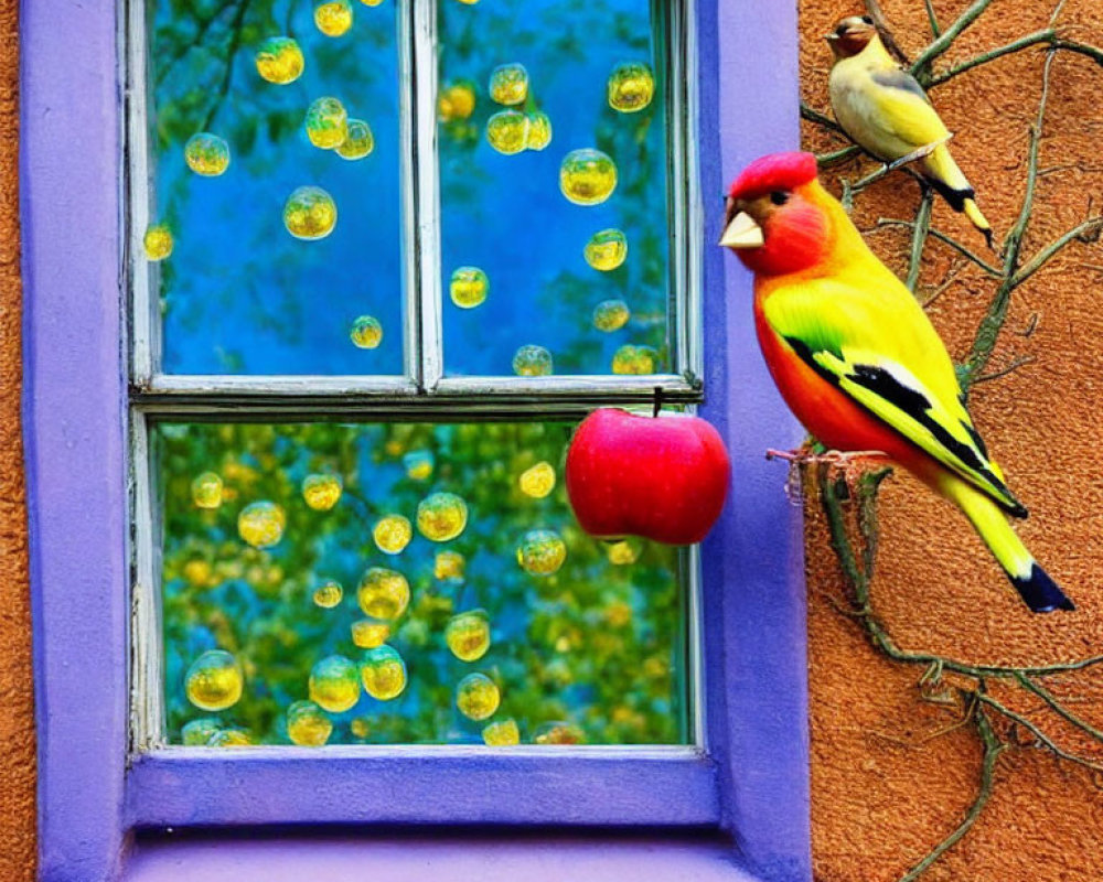 Colorful lilac window frame with yellow bird sculpture and apple-perched bird in a nature-themed setting