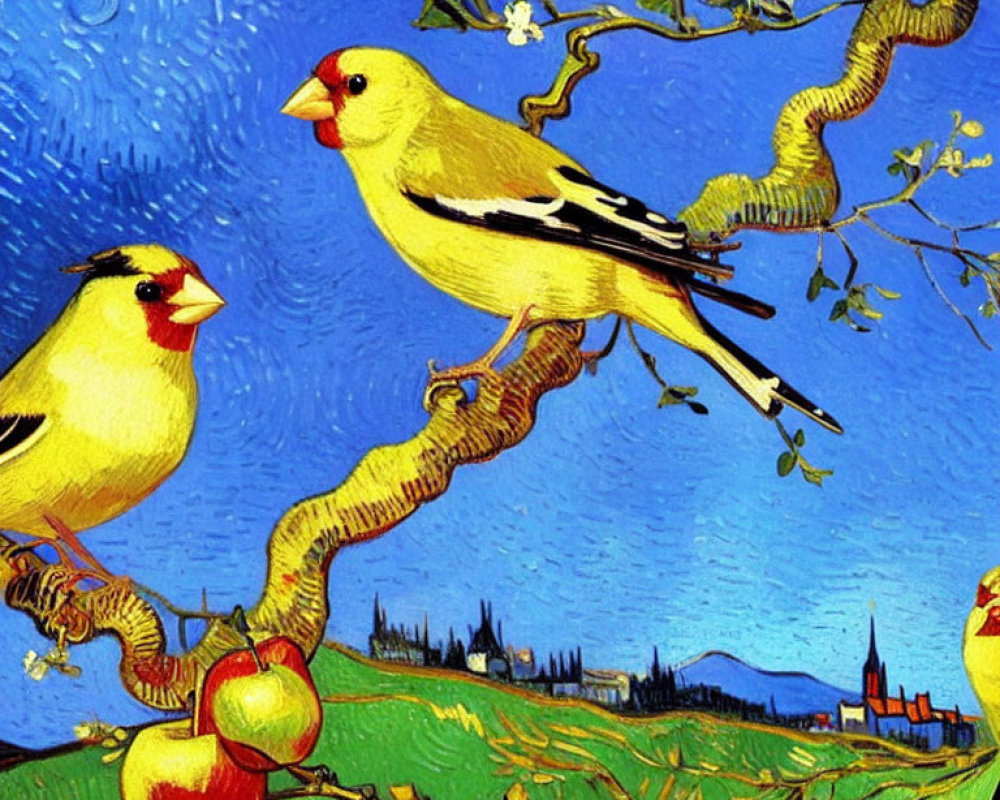 Colorful painting: Yellow birds on tree branch with red apples, starry night sky.