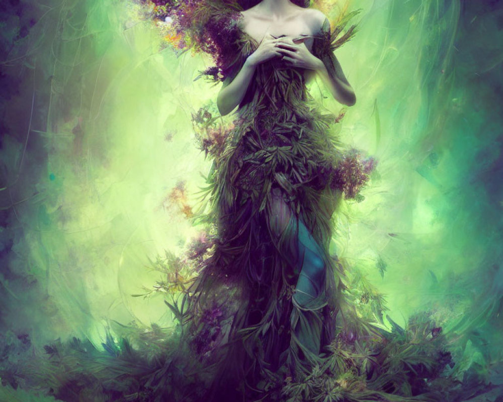 Ethereal woman in green leaf gown against misty background