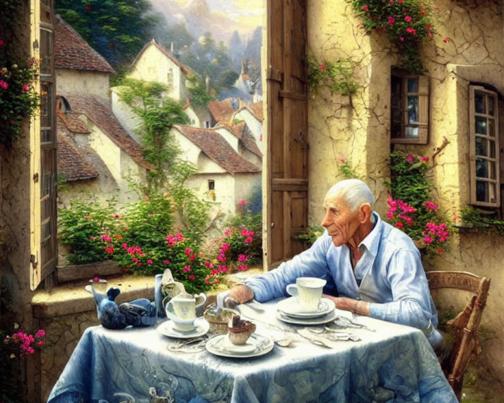 Elderly man having breakfast with pigeons in quaint village setting