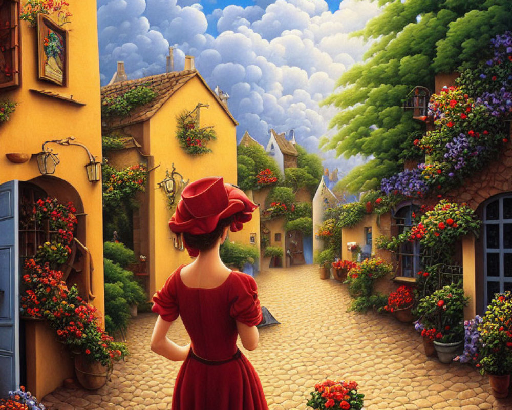 Woman in Red Dress and Hat on Cobbled Street with Yellow Houses and Flowers