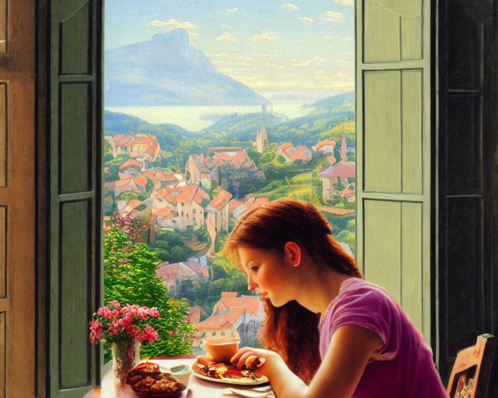 Woman dining by window with village view and flowers