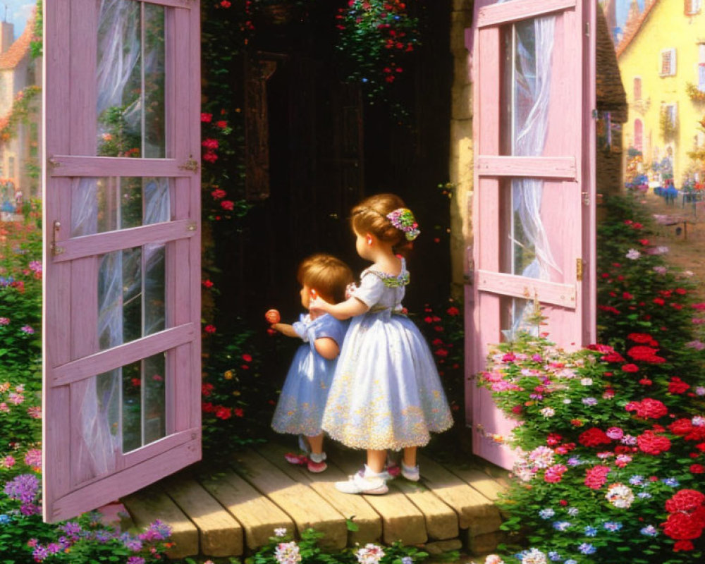Children standing at open door with flowers, garden, and cobblestone path
