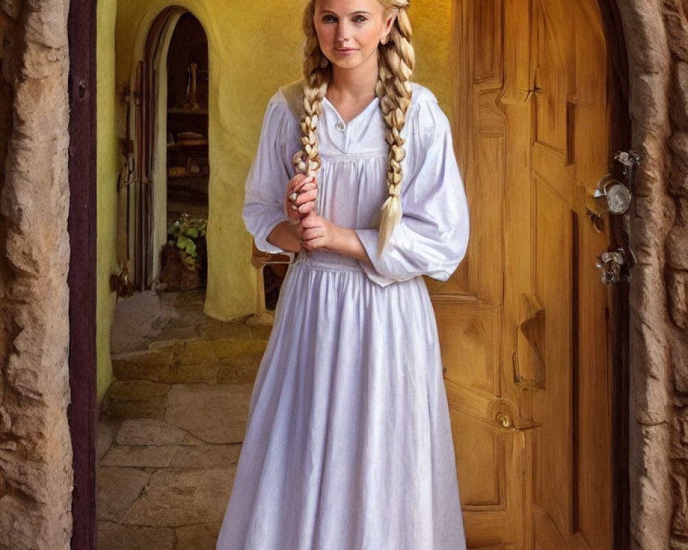 Woman with Long Braided Hair in White Dress Standing by Wooden Door