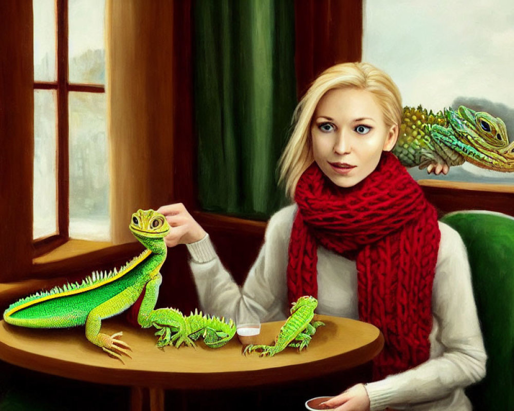 Woman in red scarf with three green reptiles at table near large window