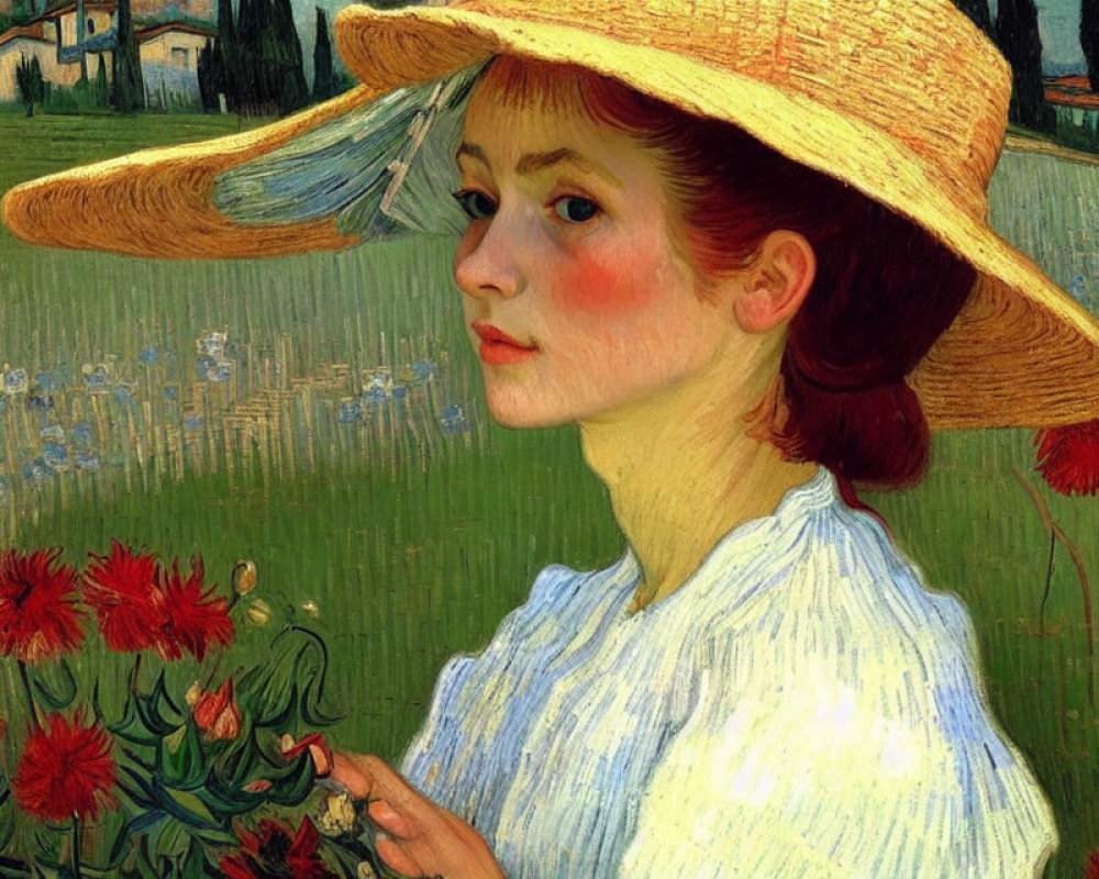 Woman with Wide-Brimmed Hat in Red Flower Field: Serene Painting