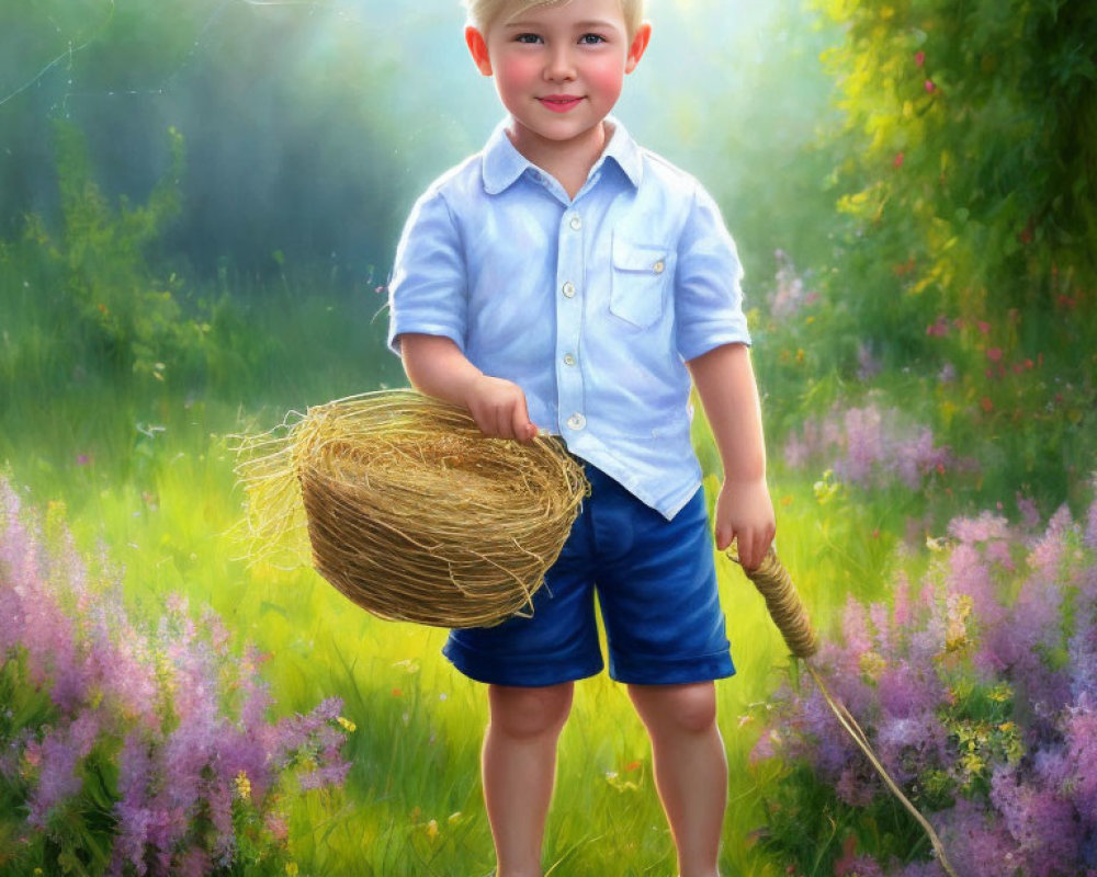 Blond-haired boy in blue outfit holding basket in sunny meadow