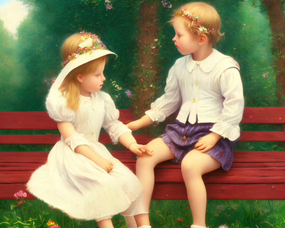 Children in vintage attire with floral headbands holding hands on red bench in green setting.