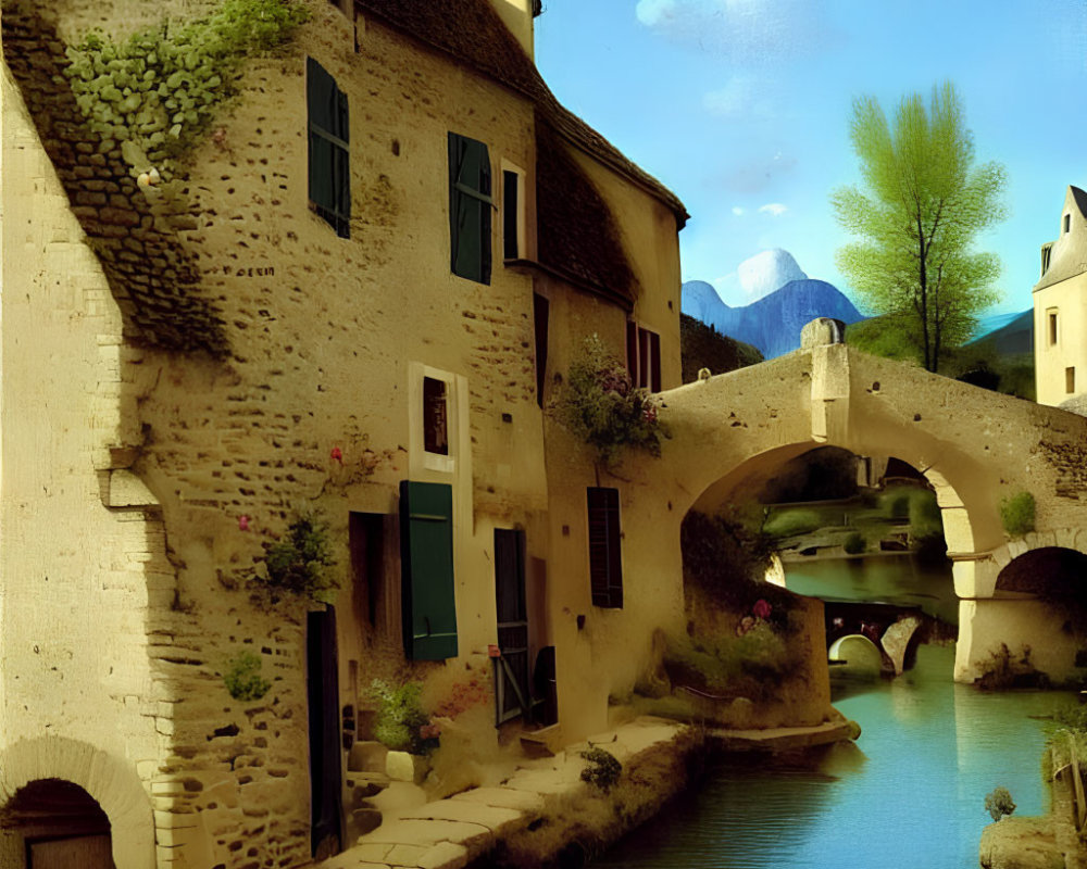 Traditional European village: canal, stone bridge, lush greenery