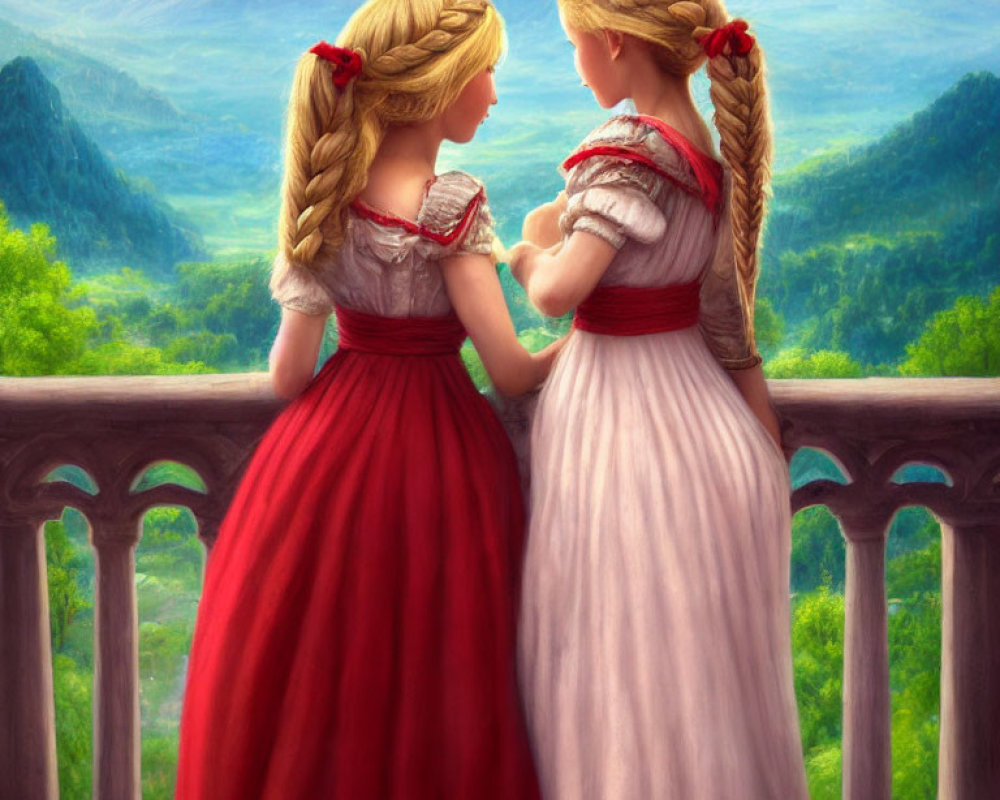 Two girls in traditional dresses with braided hair on balcony overlooking mountain landscape
