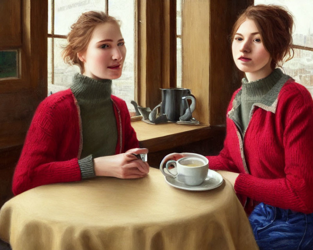 Two Women in Red Sweaters by Window Reflective Surface with Pen, Paper, and Coffee