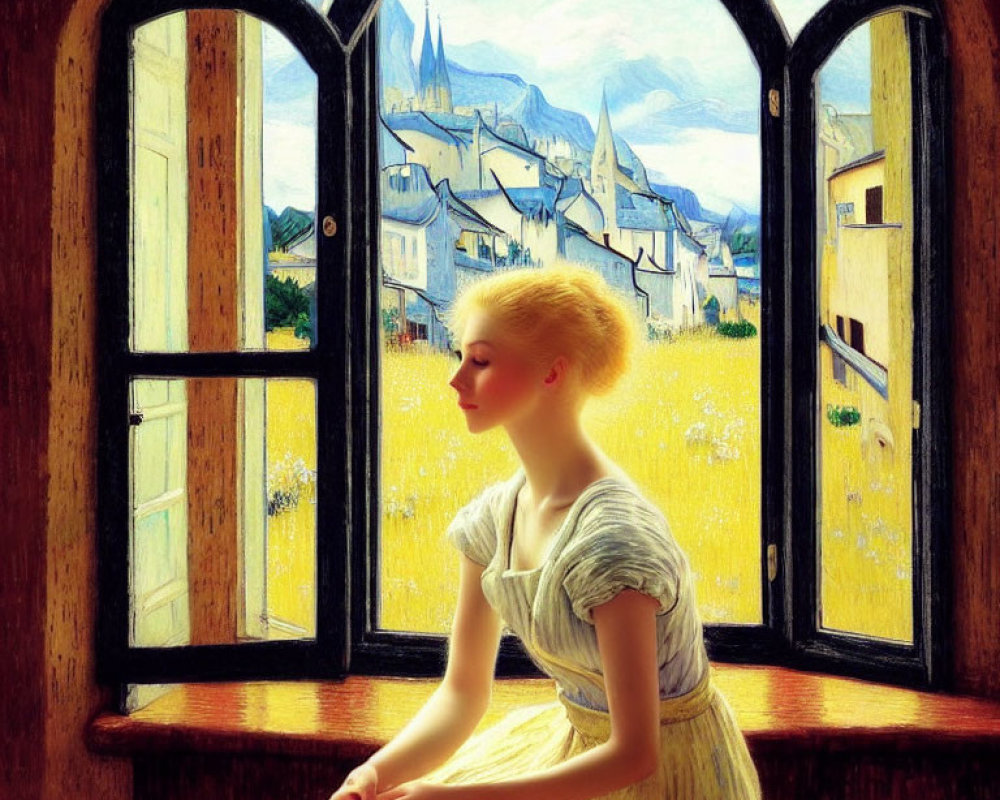 Woman by open window overlooking village and mountains in sunlight