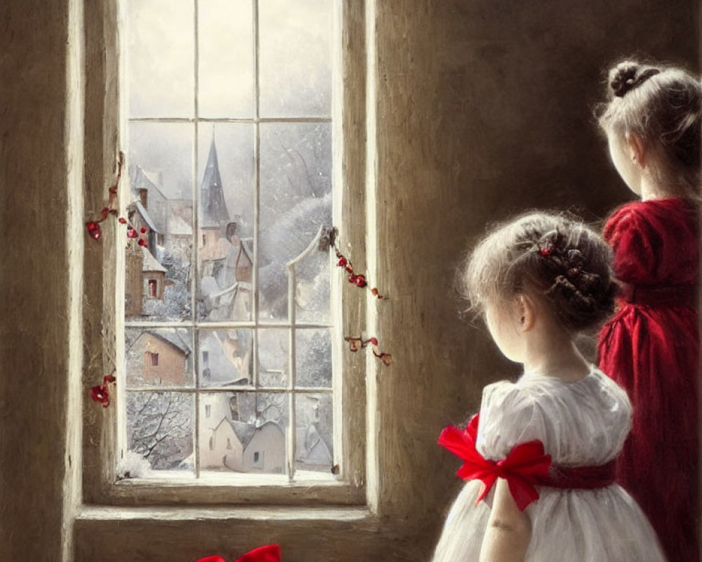 Children looking through frosty window at wintry castle scene with holly decorations